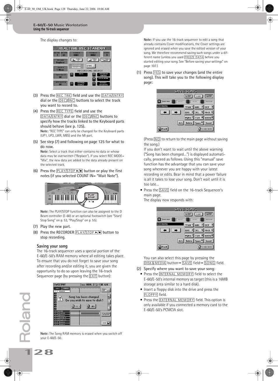 Saving your song | Roland E-60 User Manual | Page 128 / 220
