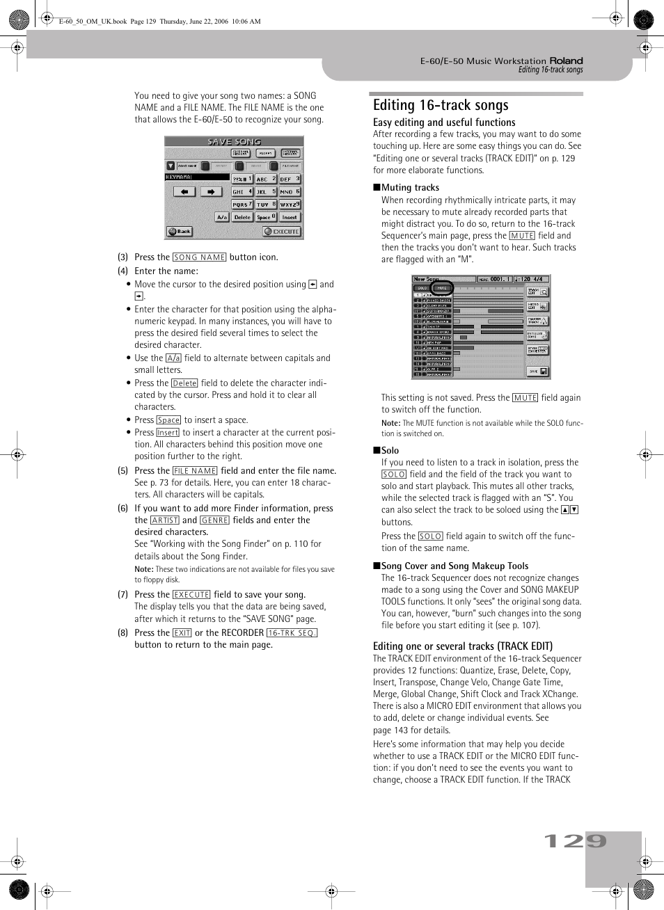 Editing 16-track songs | Roland E-60 User Manual | Page 129 / 220