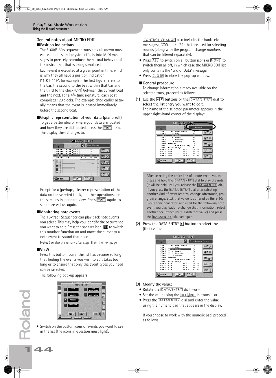 General notes about micro edit | Roland E-60 User Manual | Page 144 / 220