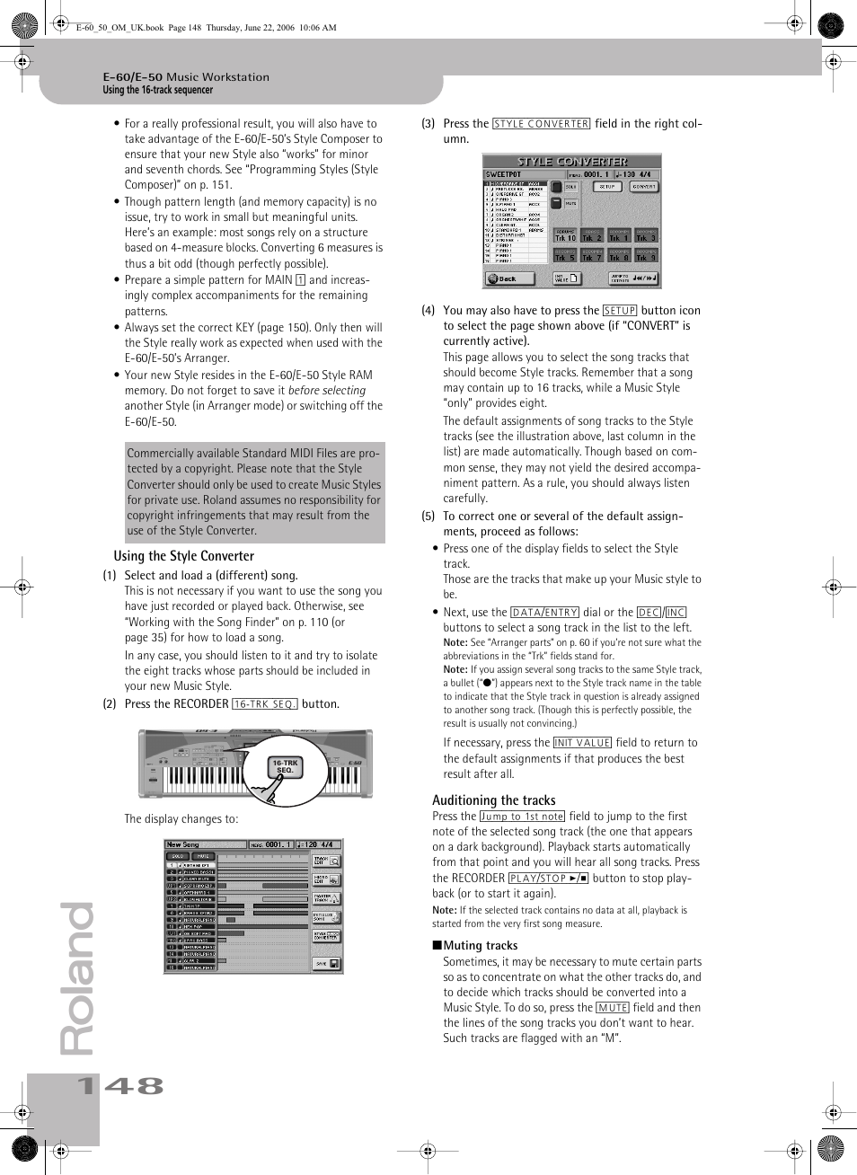 Using the style converter auditioning the tracks | Roland E-60 User Manual | Page 148 / 220