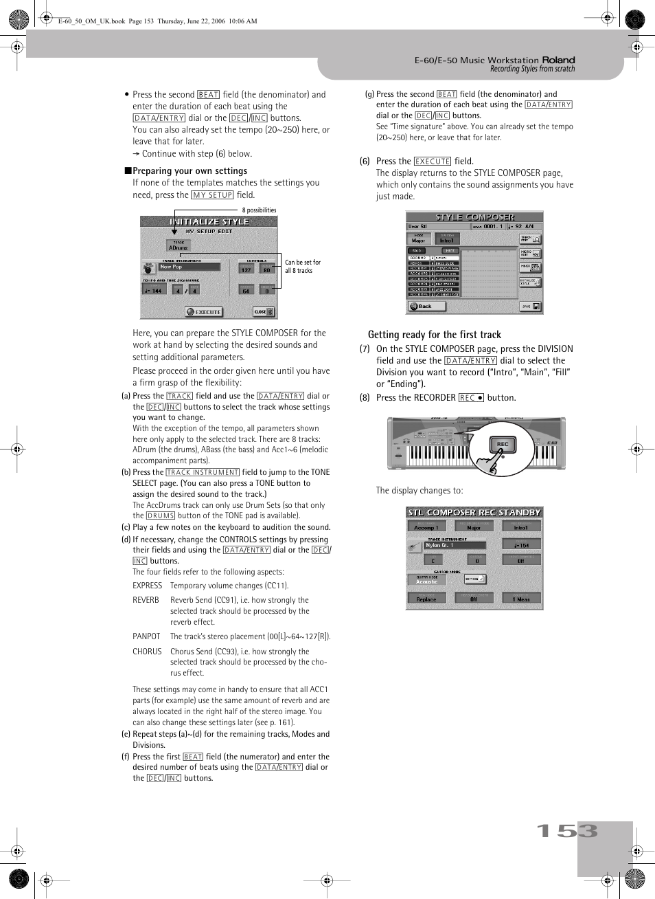 Getting ready for the first track, Preparing your own settings” below | Roland E-60 User Manual | Page 153 / 220