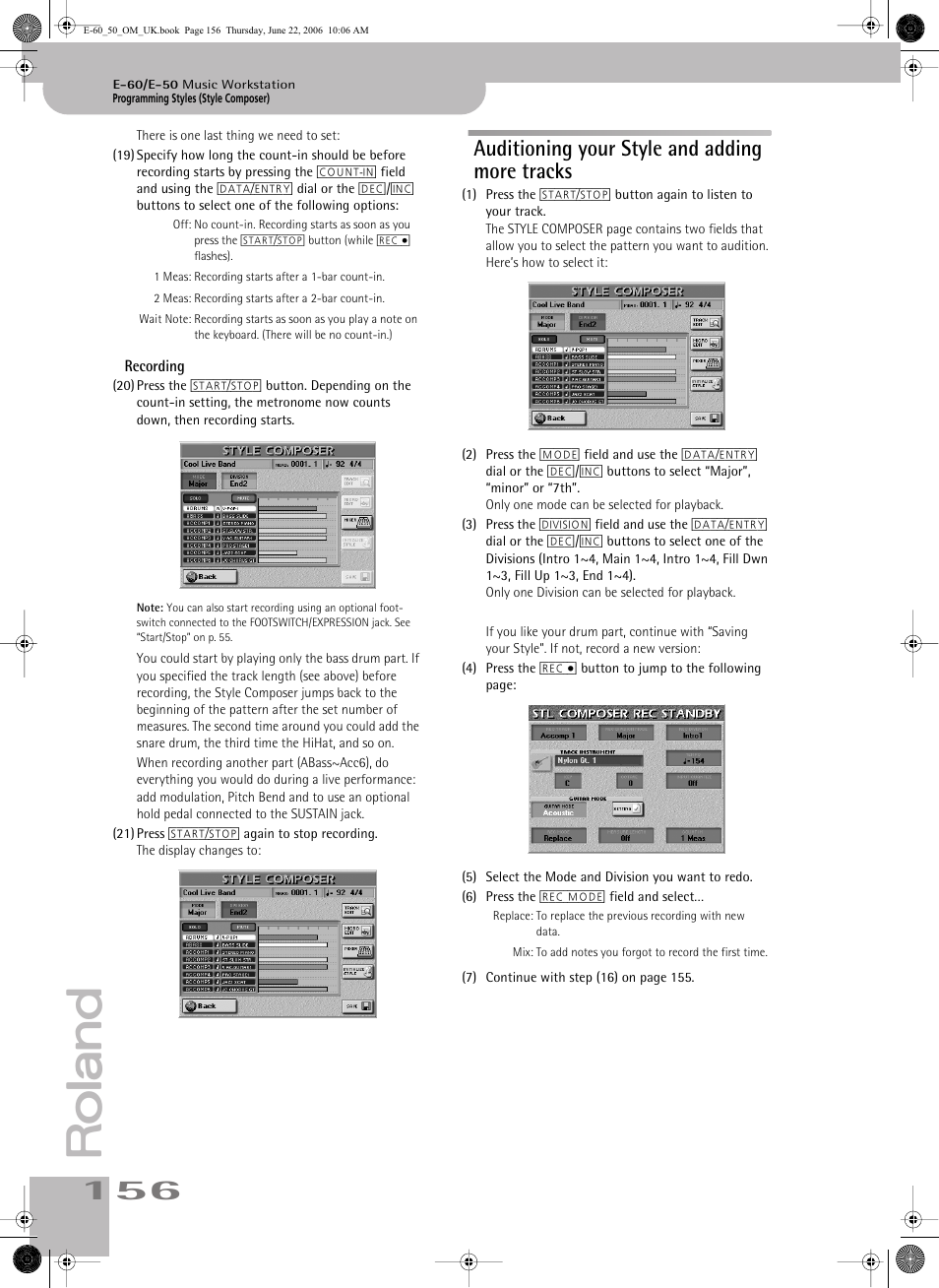 Auditioning your style and adding more tracks, Recording | Roland E-60 User Manual | Page 156 / 220