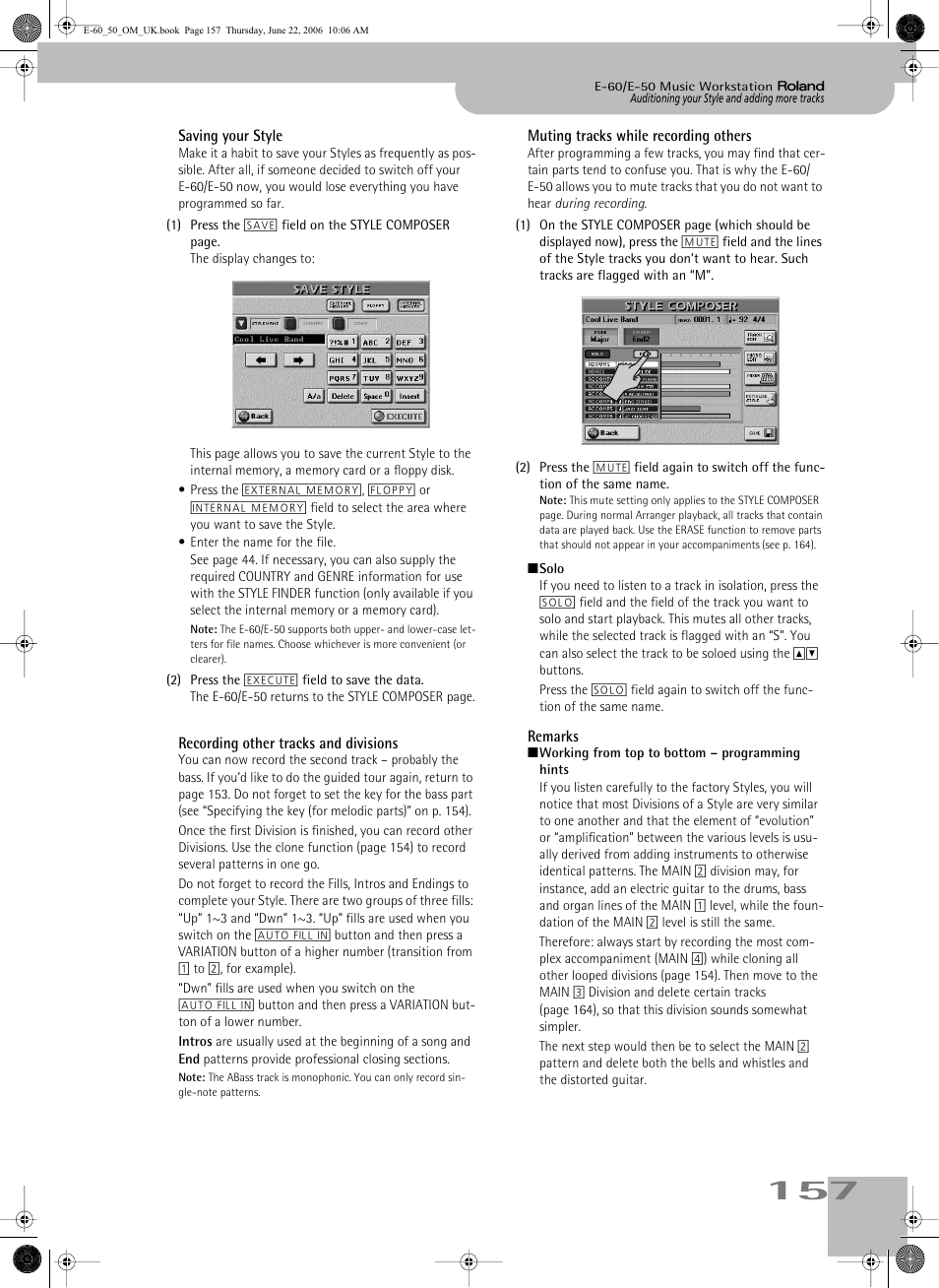See “saving your style” on p. 157 | Roland E-60 User Manual | Page 157 / 220