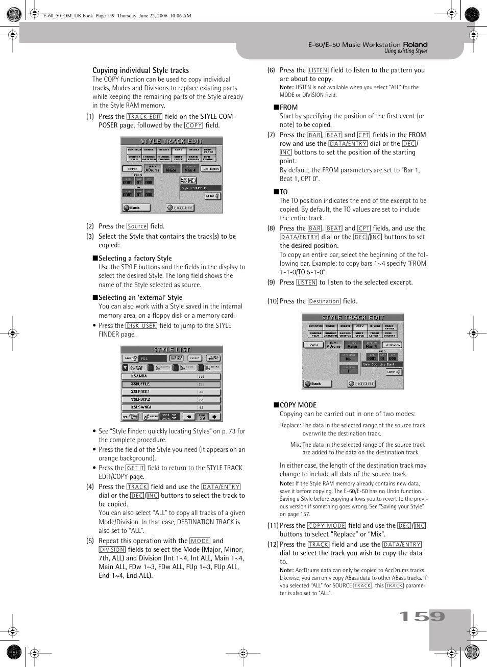 Copying individual style tracks | Roland E-60 User Manual | Page 159 / 220