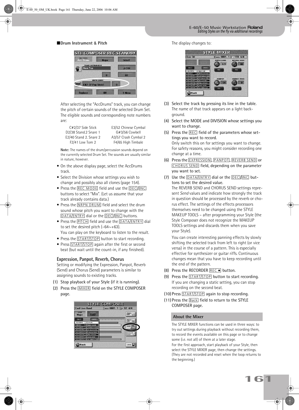 Expression, panpot, reverb, chorus, Can also change these settings later (see p. 161), See “drum instrument & pitch” for the additional | Roland E-60 User Manual | Page 161 / 220