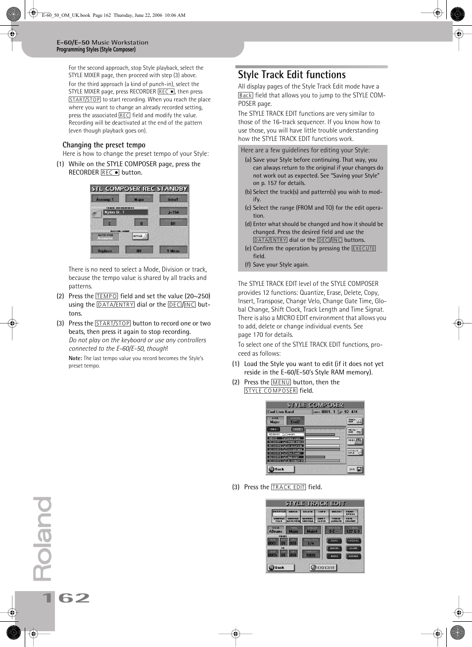 Style track edit functions, Changing the preset tempo | Roland E-60 User Manual | Page 162 / 220