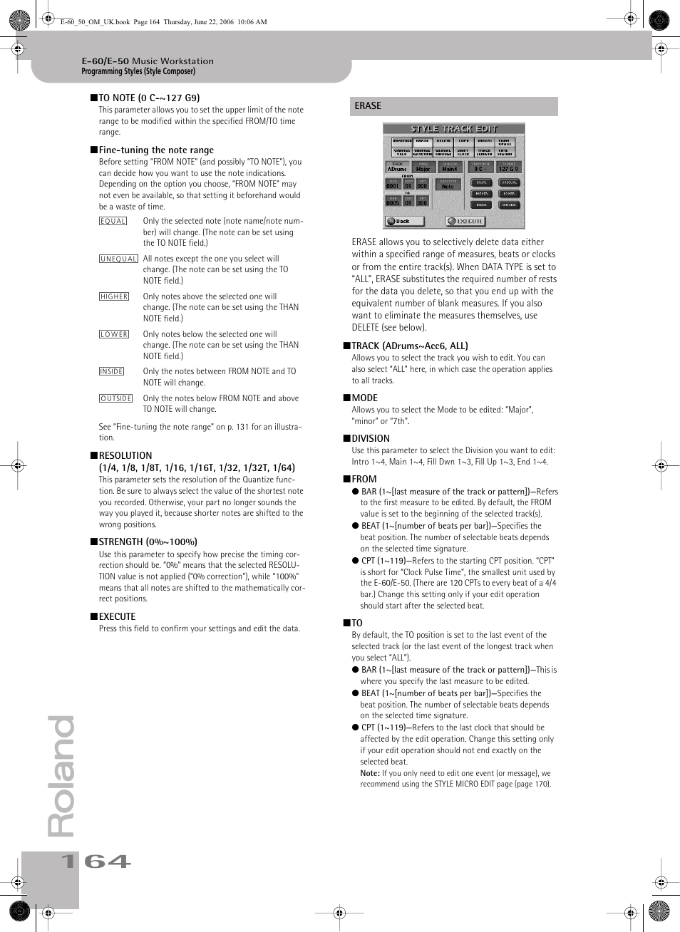 Track (adrums~acc6, all), Beat (1~[number of beats per bar])—specifies the, Bar (1~[last measure of the track or pattern]) | Cpt (1~119) | Roland E-60 User Manual | Page 164 / 220