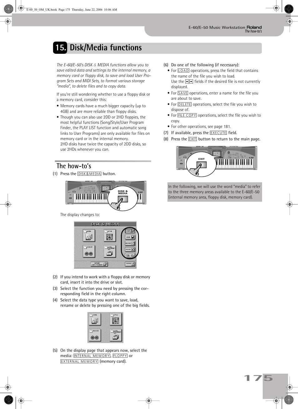 Disk/media functions, The how-to’s | Roland E-60 User Manual | Page 175 / 220