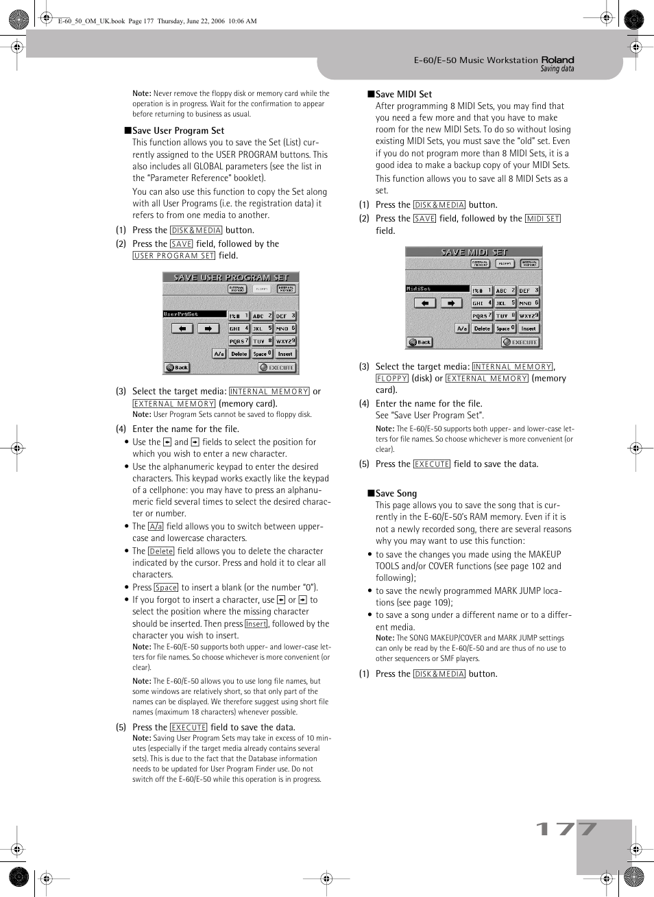 See “save user program set”) | Roland E-60 User Manual | Page 177 / 220