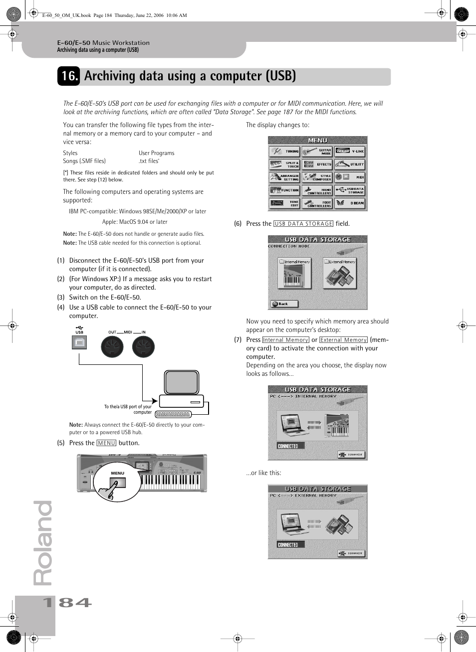 Archiving data using a computer (usb), Transfer it to the e-60/e-50 via usb (see p. 184) | Roland E-60 User Manual | Page 184 / 220