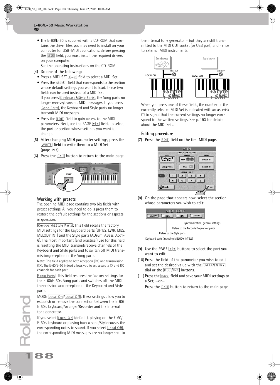 Working with presets editing procedure, Style + smf +style + smf +style + smf +style + smf | Roland E-60 User Manual | Page 188 / 220