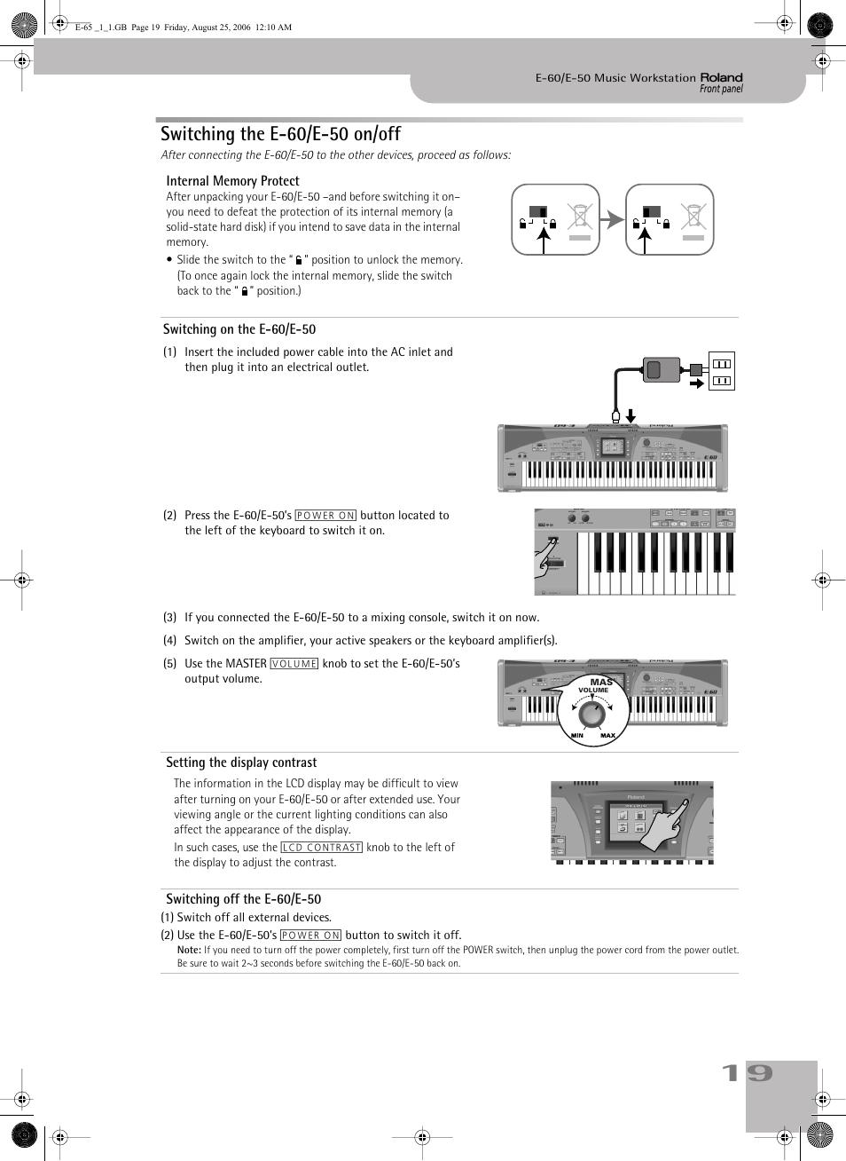 Switching the e60/e50 on/off, Switching the e-60/e-50 on/off | Roland E-60 User Manual | Page 19 / 220