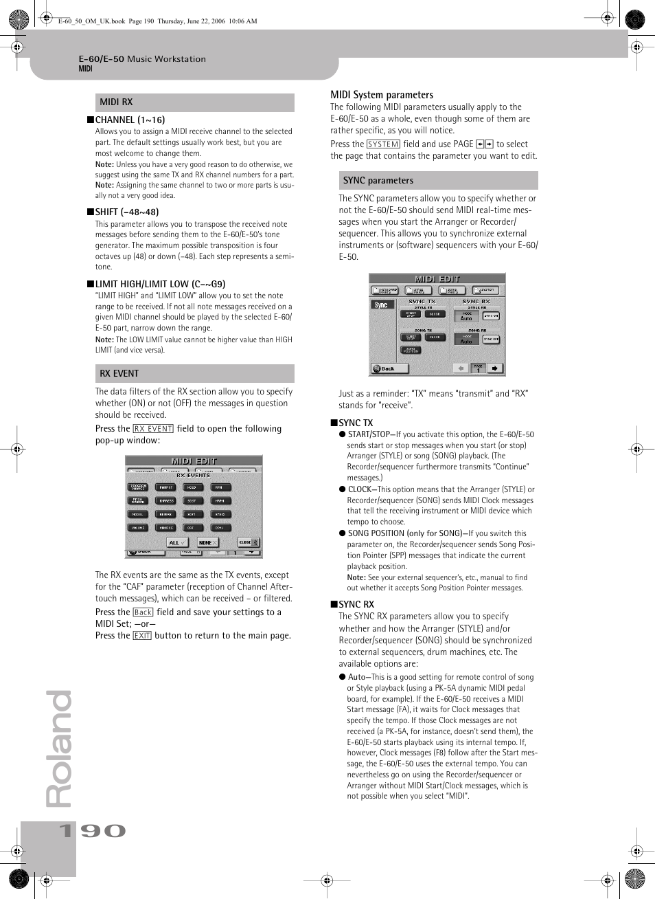 Midi system parameters | Roland E-60 User Manual | Page 190 / 220