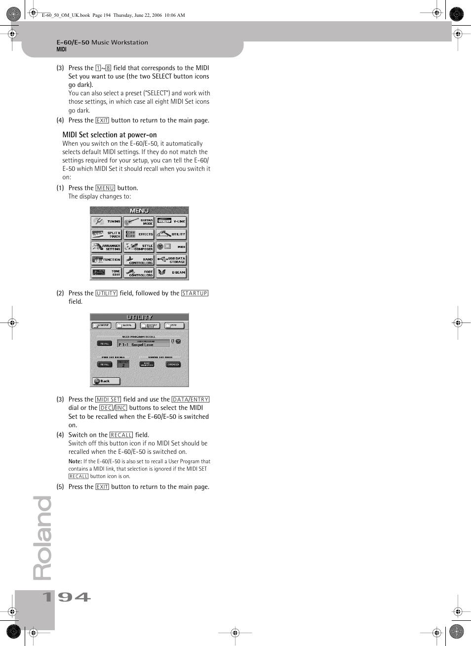 Midi set selection at power-on | Roland E-60 User Manual | Page 194 / 220