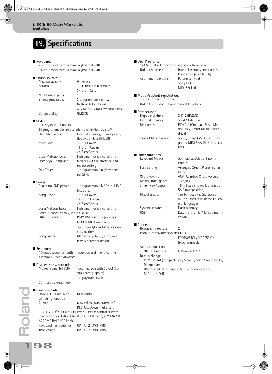 Specifications | Roland E-60 User Manual | Page 198 / 220