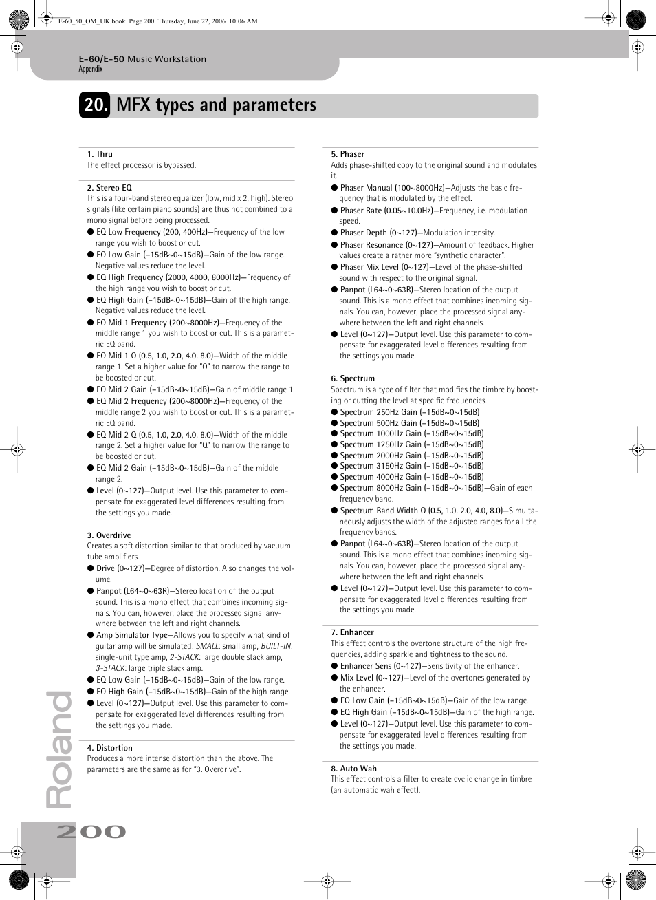 Mfx types and parameters | Roland E-60 User Manual | Page 200 / 220