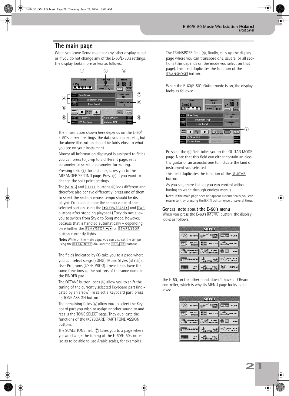 General note about the e-50’s menu, The main page | Roland E-60 User Manual | Page 21 / 220