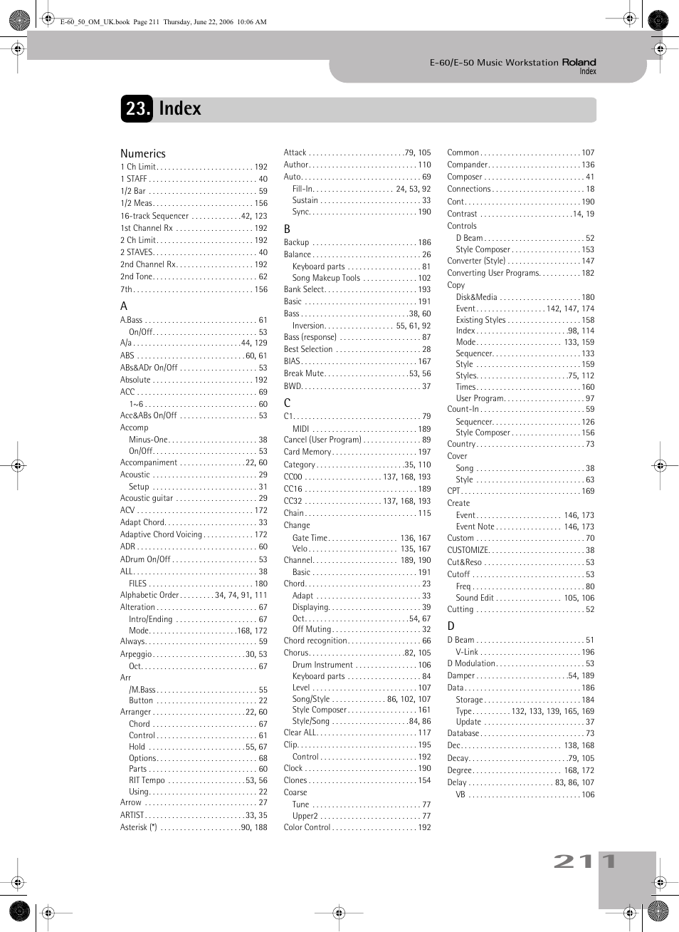 Index, Numerics | Roland E-60 User Manual | Page 211 / 220