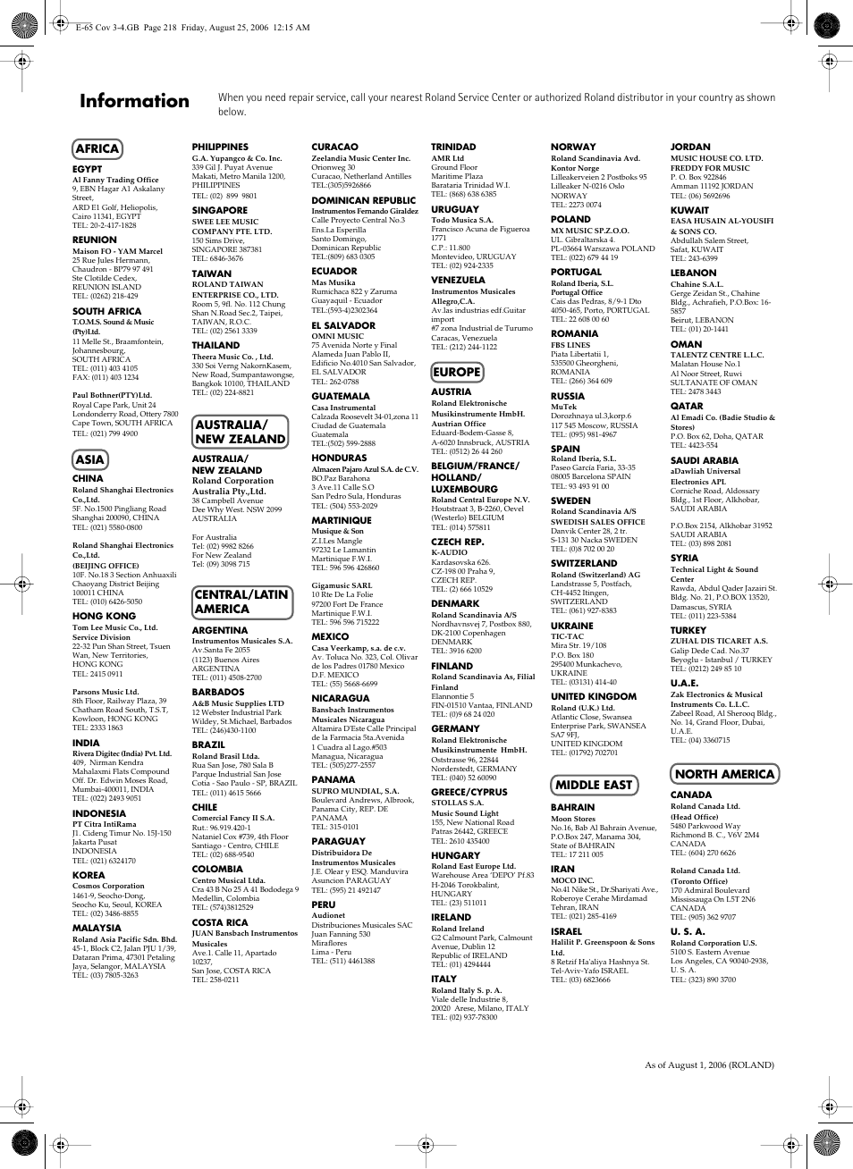 Information | Roland E-60 User Manual | Page 218 / 220