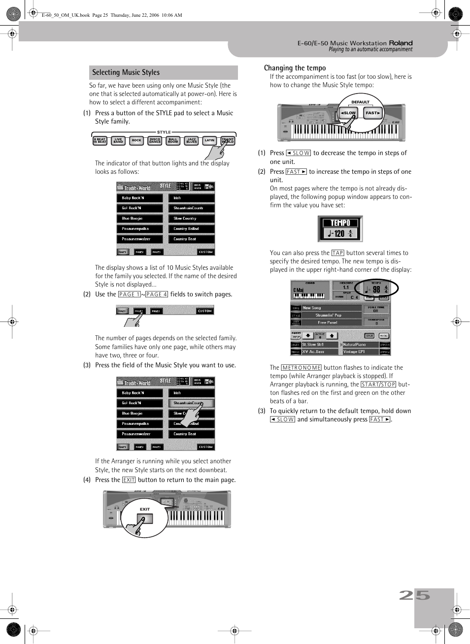 Selecting music styles changing the tempo, Changing the tempo, Selecting music styles | Roland E-60 User Manual | Page 25 / 220