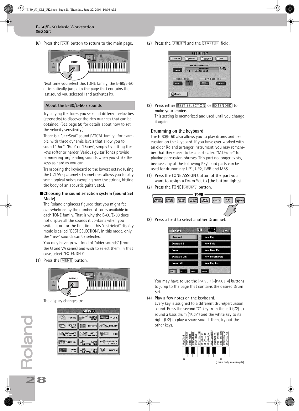 Drumming on the keyboard | Roland E-60 User Manual | Page 28 / 220