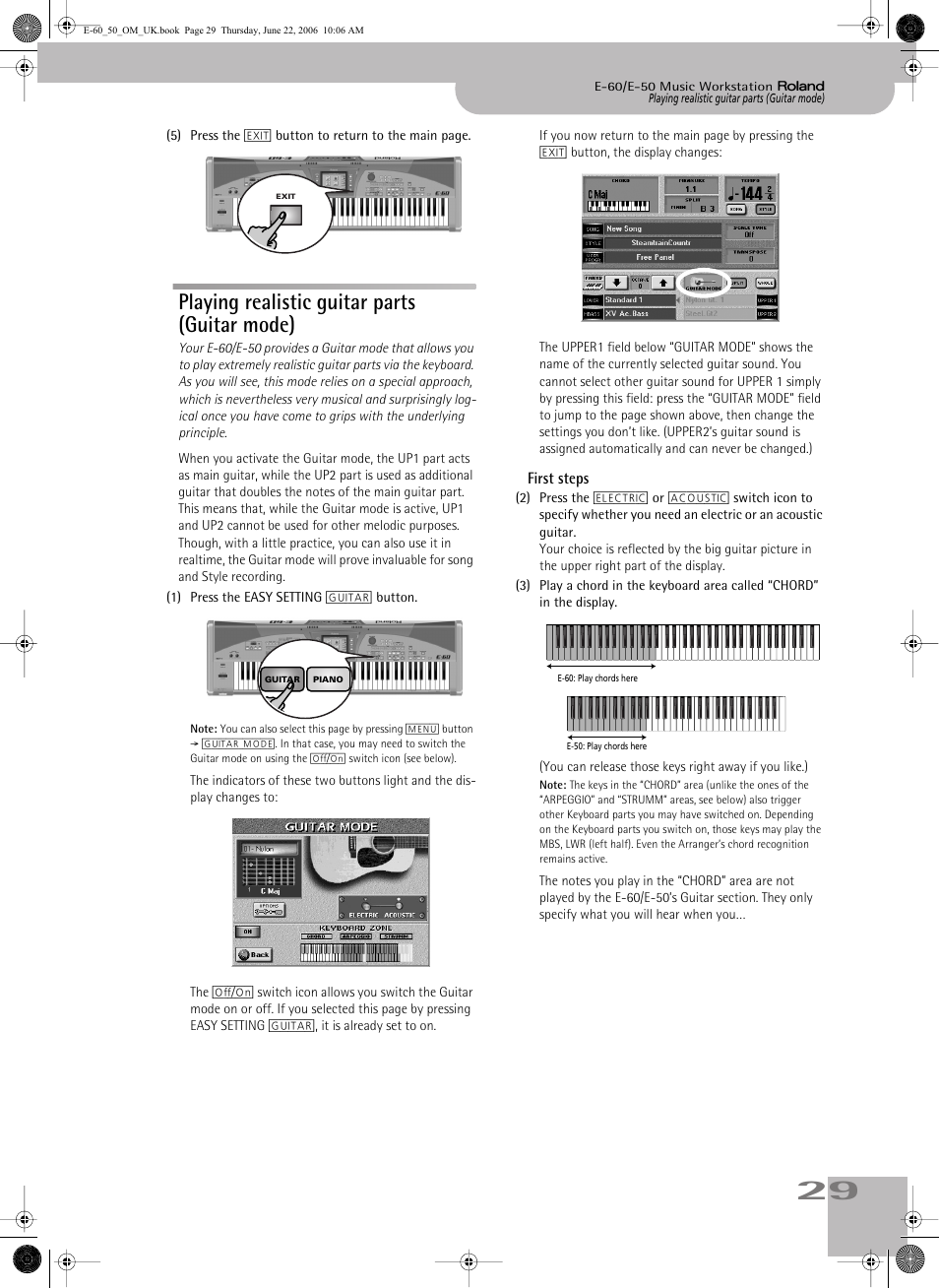 Playing realistic guitar parts (guitar mode), Playing realistic guitar parts (guitar mode), First steps | Roland E-60 User Manual | Page 29 / 220