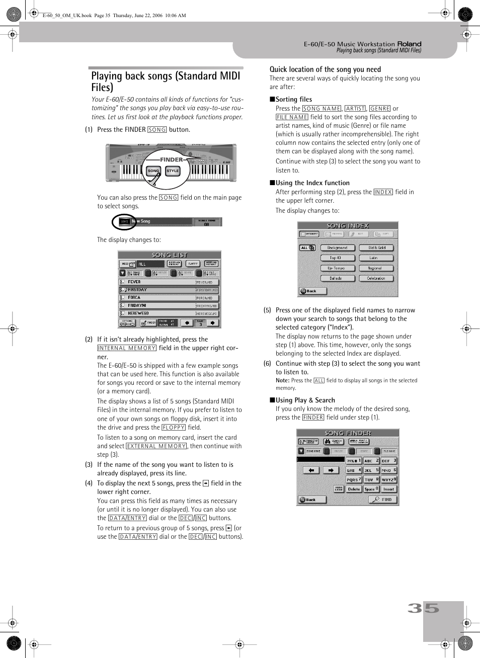 Playing back songs (standard midi files), Quick location of the song you need | Roland E-60 User Manual | Page 35 / 220