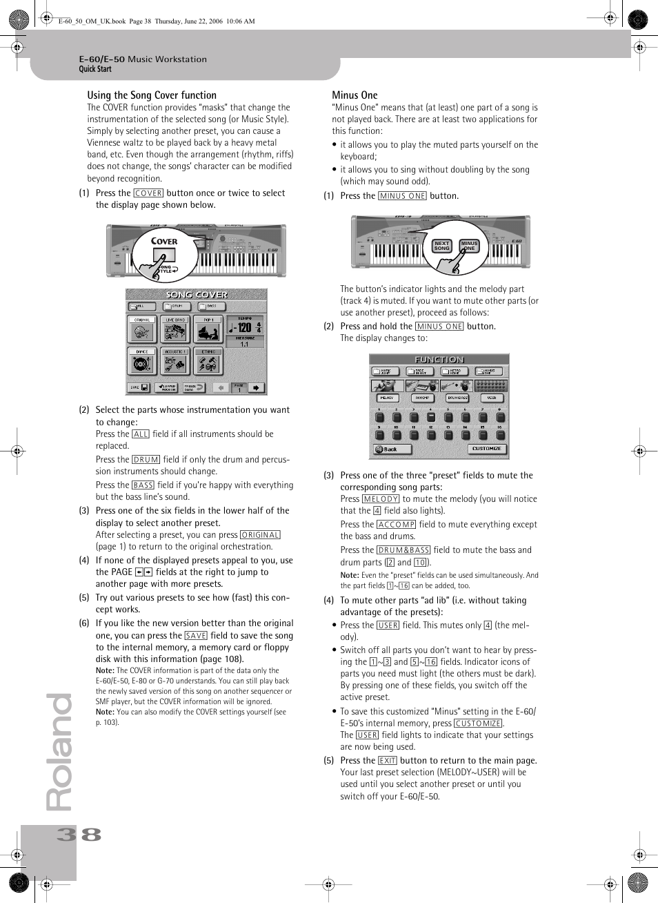 Using the song cover function minus one | Roland E-60 User Manual | Page 38 / 220