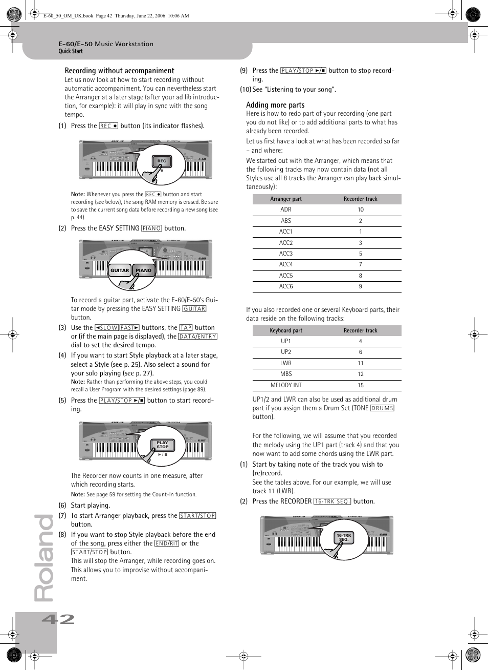 Recording without accompaniment adding more parts | Roland E-60 User Manual | Page 42 / 220