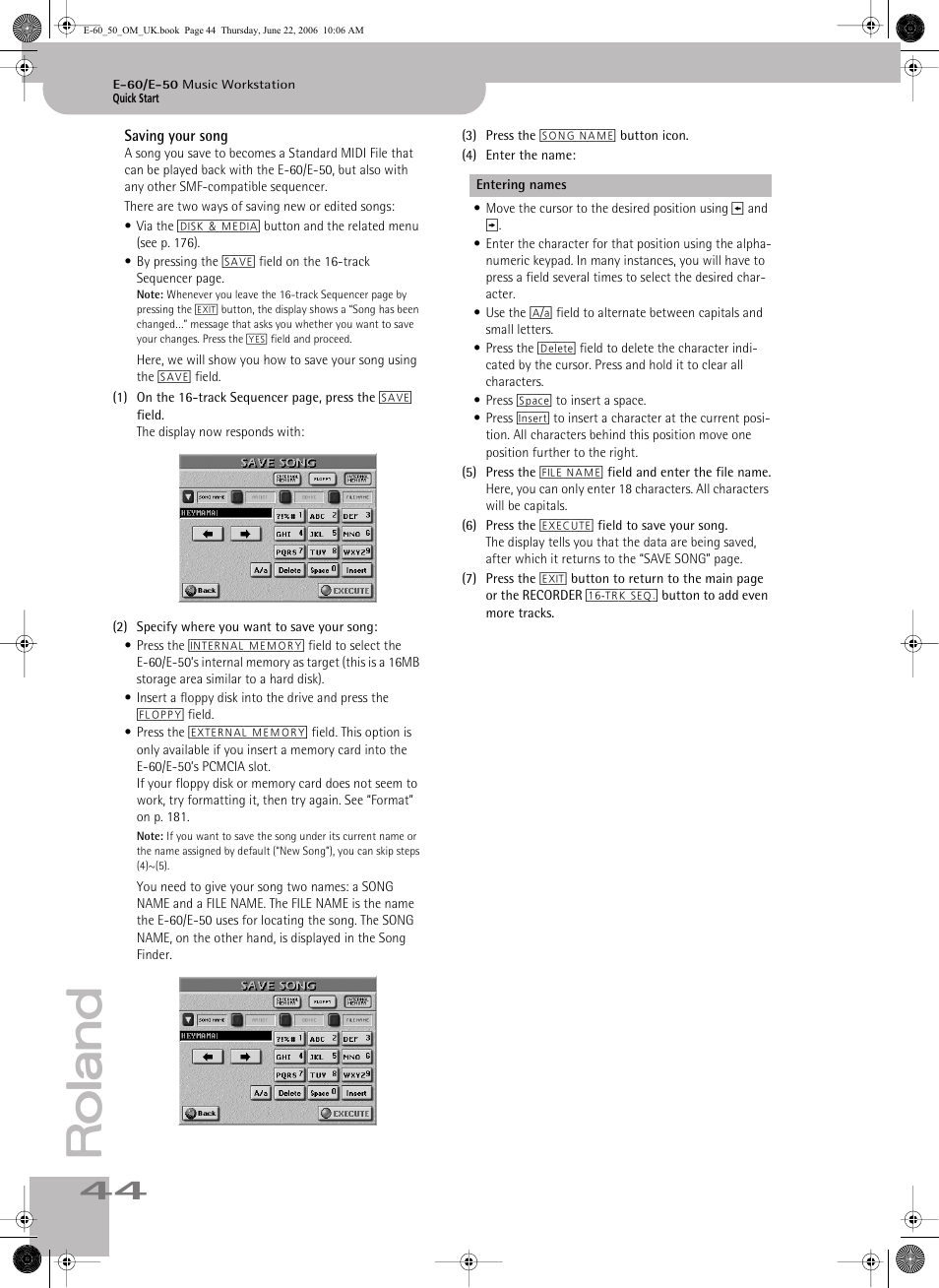 Saving your song, Song (see p. 44) | Roland E-60 User Manual | Page 44 / 220