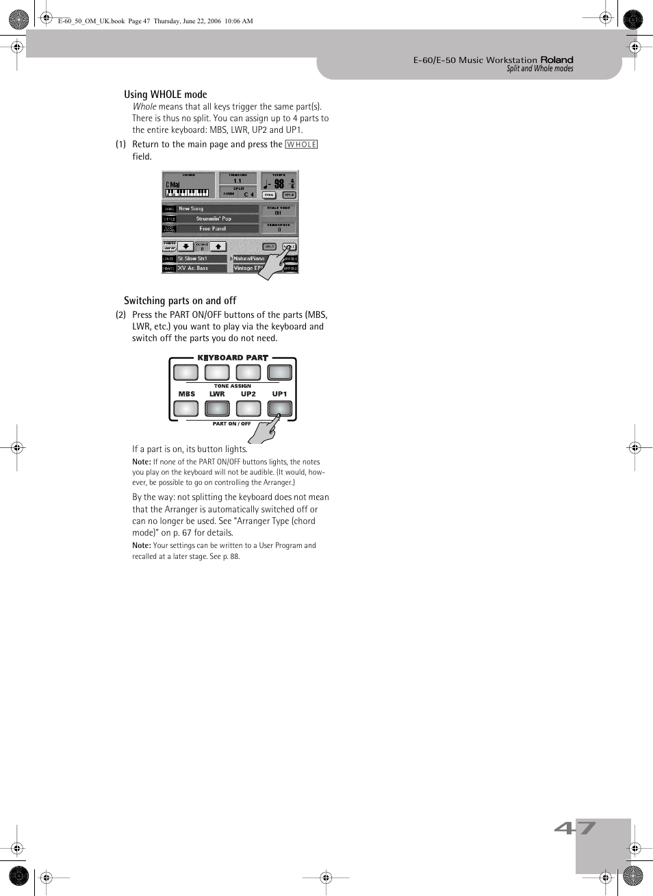 Using whole mode switching parts on and off, P. 47 | Roland E-60 User Manual | Page 47 / 220