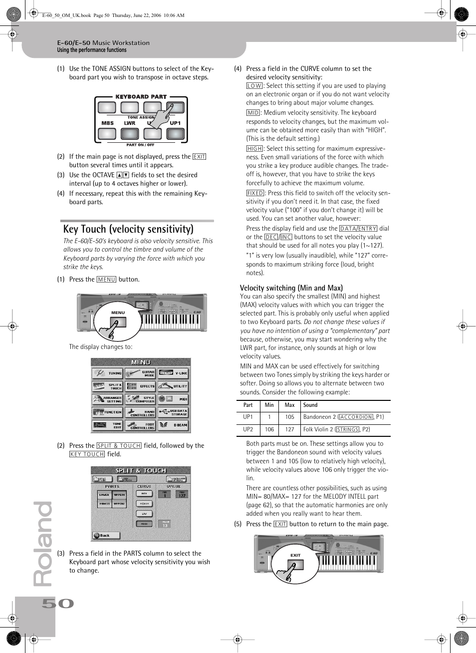 Key touch (velocity sensitivity) | Roland E-60 User Manual | Page 50 / 220