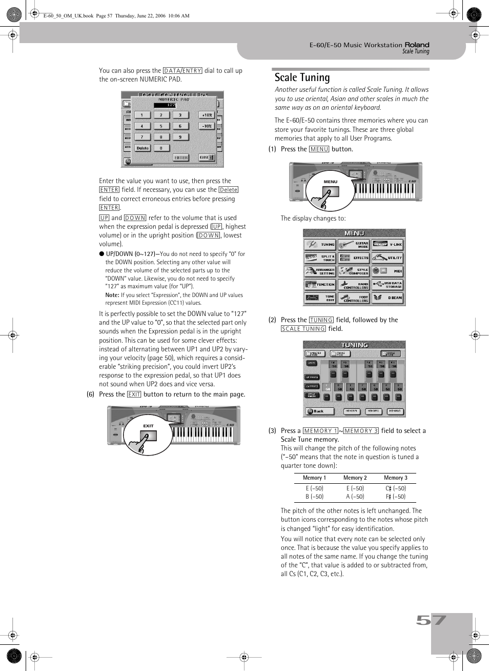 Scale tuning, Tune (see p. 57) setting to the upper parts, Tune (see p. 57) setting to the lwr part | Roland E-60 User Manual | Page 57 / 220