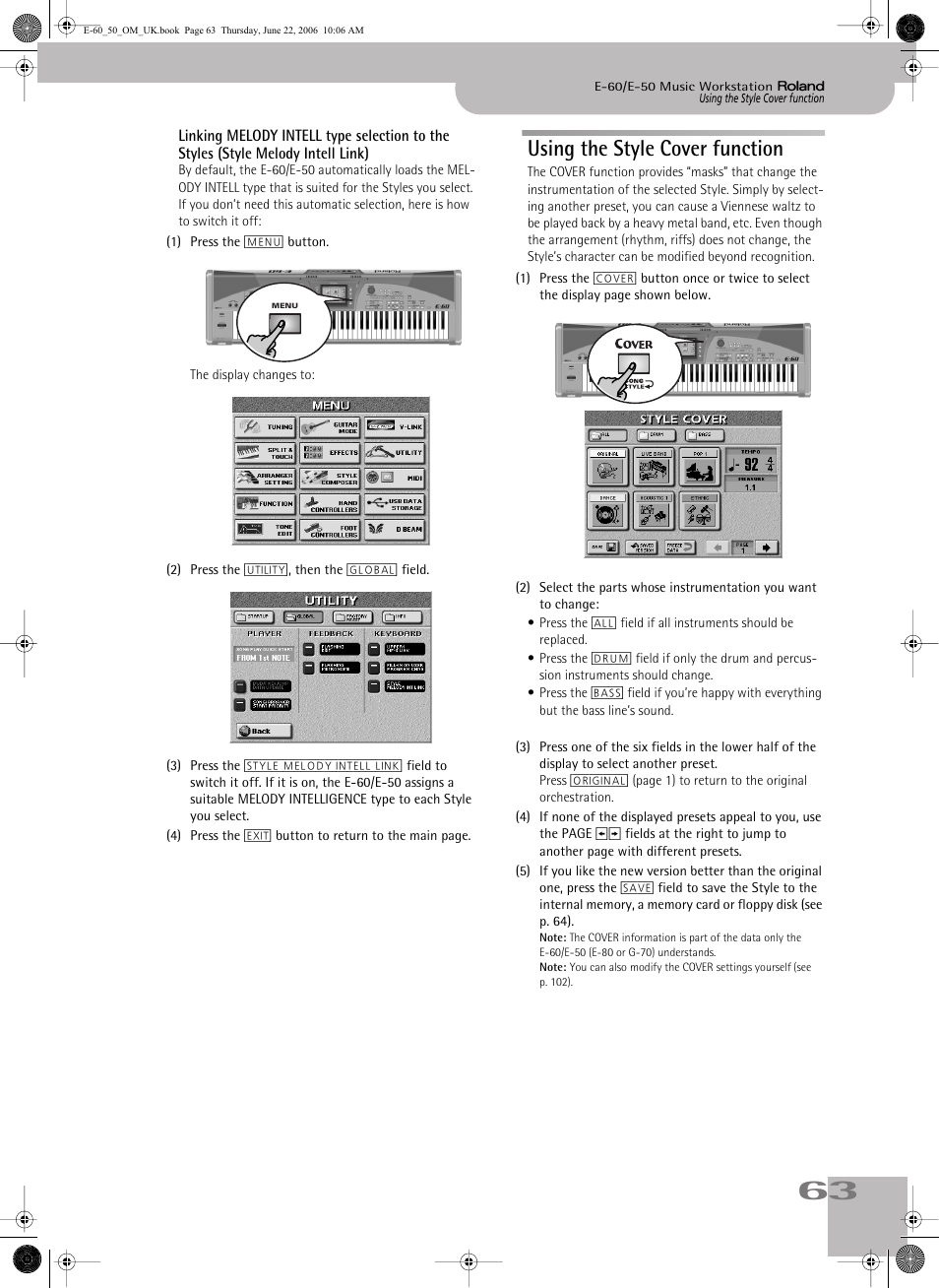 Using the style cover function, Linking melody intell type selection to the styles, Style melody intell link) | Roland E-60 User Manual | Page 63 / 220