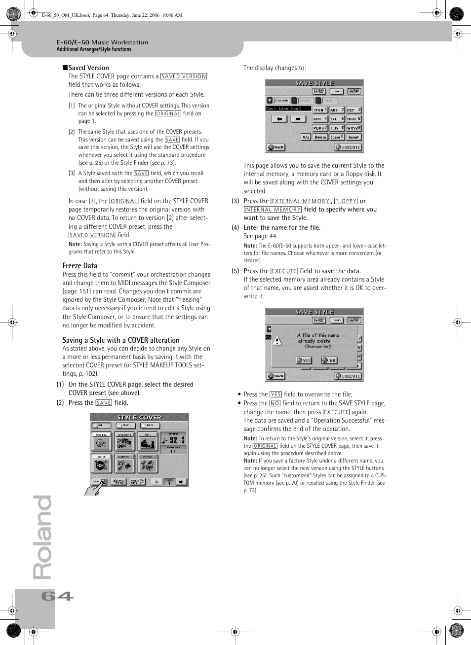 Freeze data saving a style with a cover alteration | Roland E-60 User Manual | Page 64 / 220