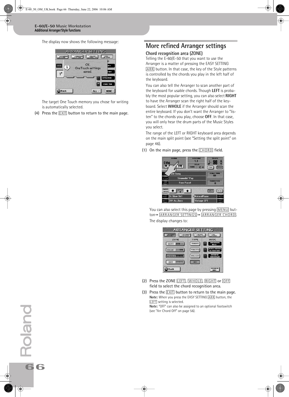 More refined arranger settings, Chord recognition area (zone), The chord recognition area (see p. 66) | P. 66 for details.) | Roland E-60 User Manual | Page 66 / 220