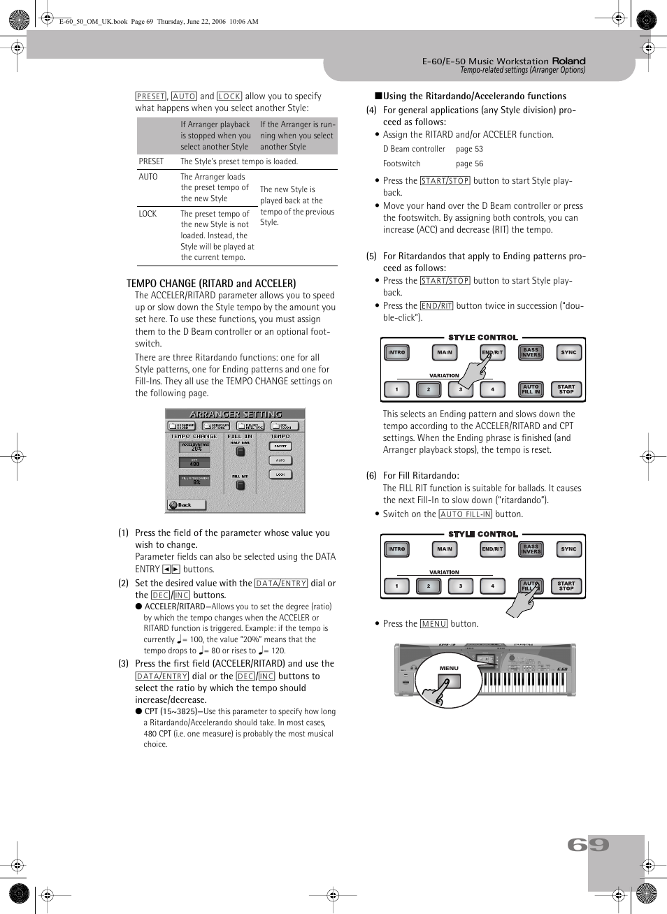 Tempo change (ritard and acceler) | Roland E-60 User Manual | Page 69 / 220