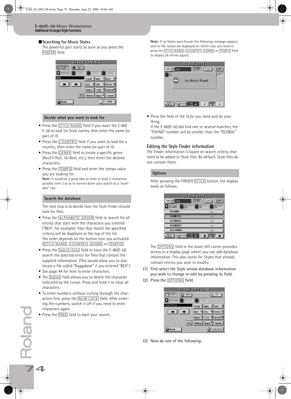 Editing the style finder information | Roland E-60 User Manual | Page 74 / 220