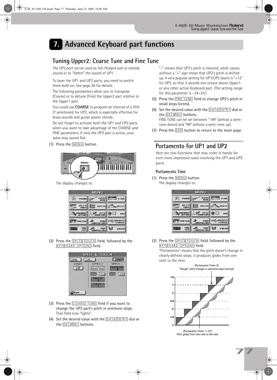 Advanced keyboard part functions, Tuning upper2: coarse tune and fine tune, Portamento for up1 and up2 | Portamento time, 77 7. advanced keyboard part functions | Roland E-60 User Manual | Page 77 / 220