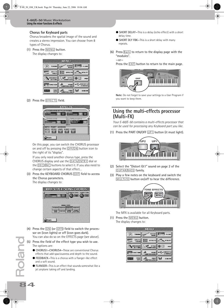 Using the multi-effects processor (multi-fx), Chorus for keyboard parts | Roland E-60 User Manual | Page 84 / 220