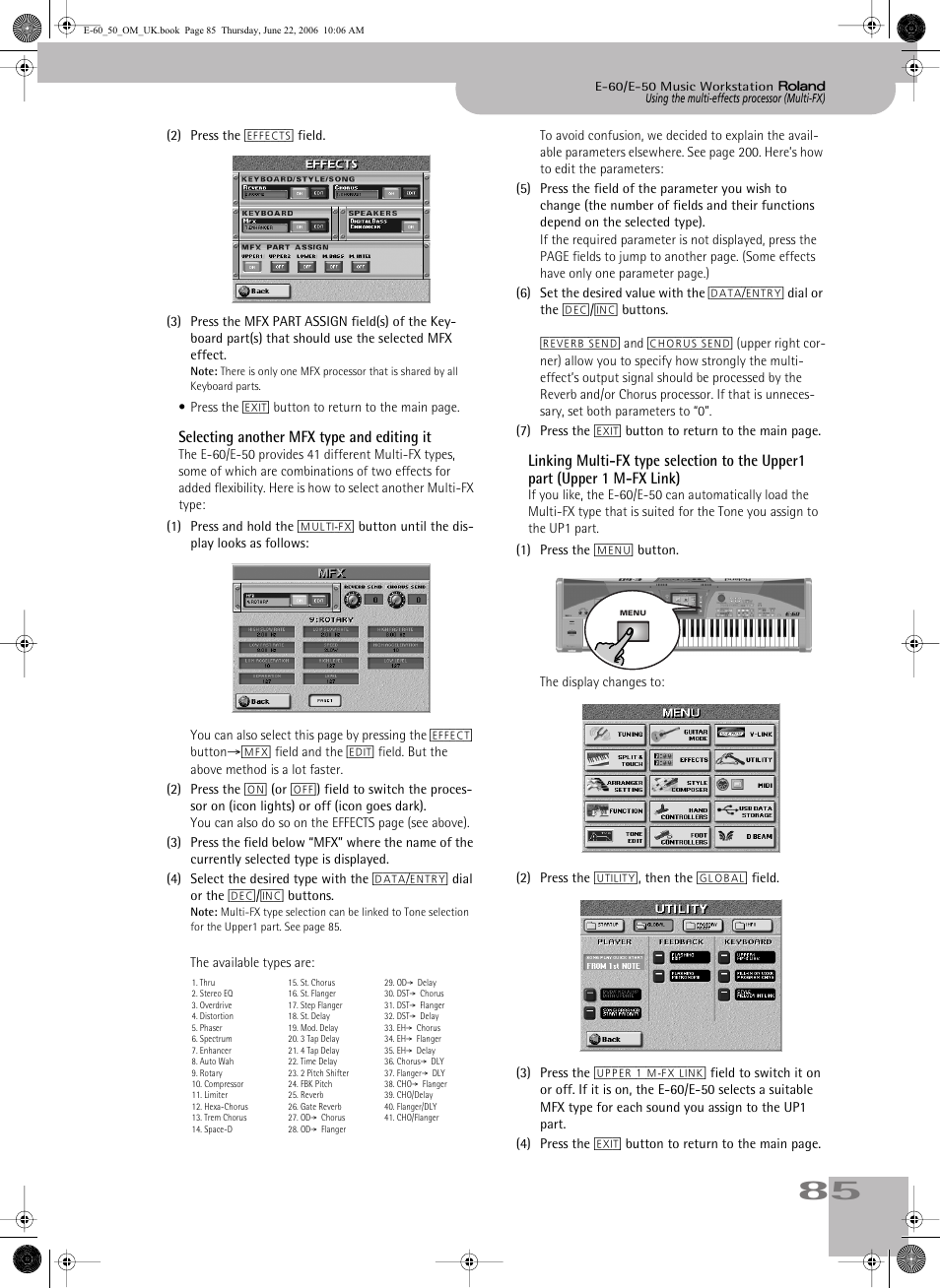 Upper 1 m-fx link) | Roland E-60 User Manual | Page 85 / 220