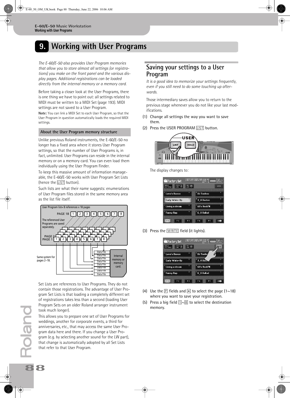 Working with user programs, Saving your settings to a user program, Saving your settings to a user program | Recalled at a later stage. see p. 88 | Roland E-60 User Manual | Page 88 / 220