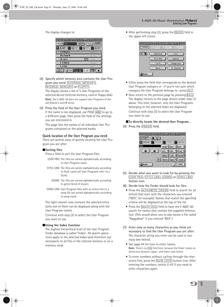 Quick location of the user program you need, Step (3) | Roland E-60 User Manual | Page 91 / 220