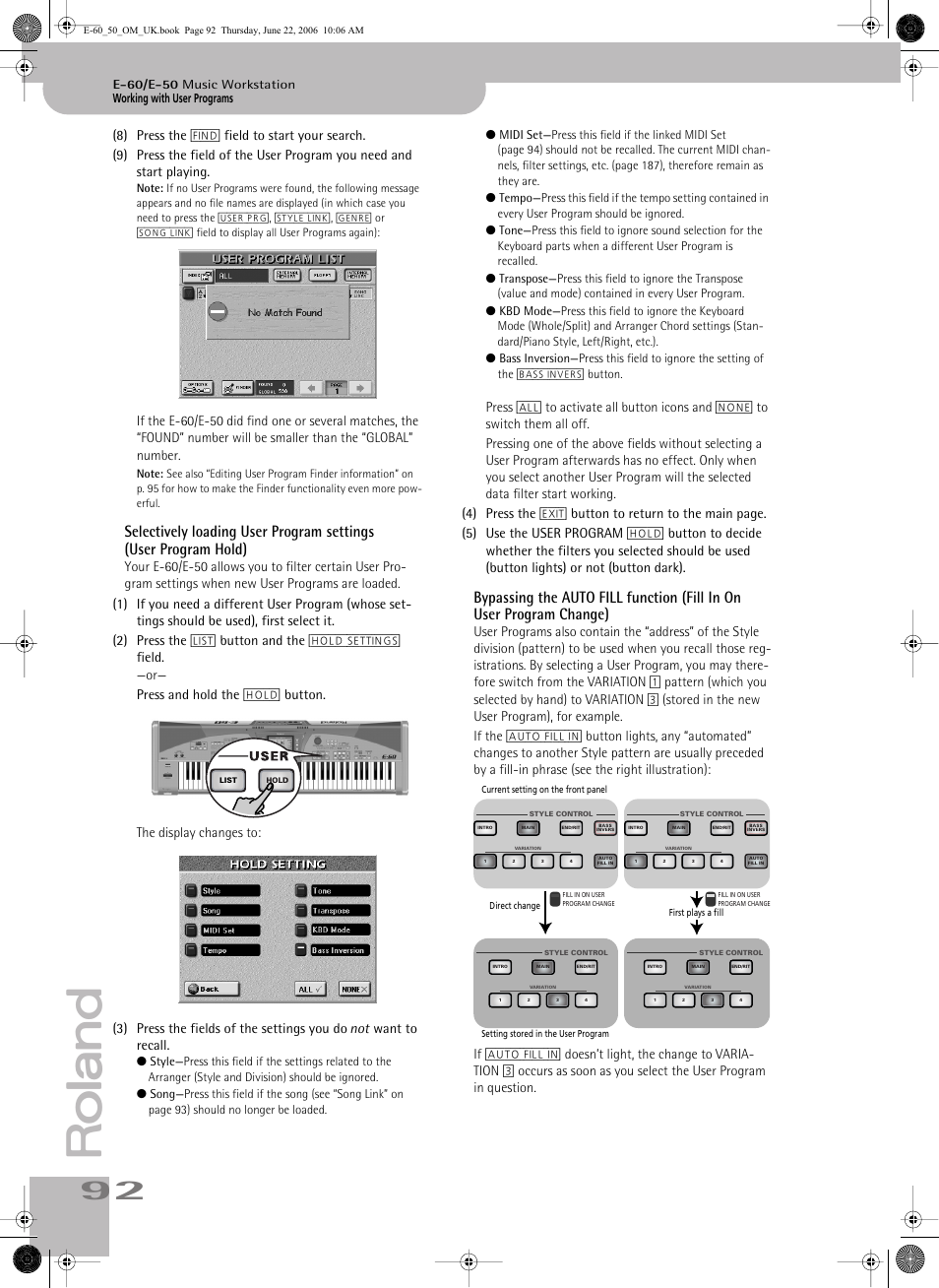 Selectively loading user program settings, User program hold), Bypassing the auto fill function (fill in on | User program change) | Roland E-60 User Manual | Page 92 / 220