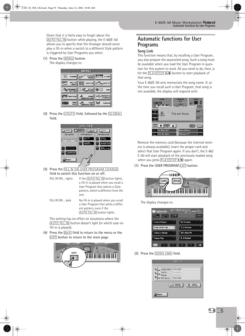 Automatic functions for user programs, Automatic functions for user programs, Song link | Press this field if the song (see “song link” on | Roland E-60 User Manual | Page 93 / 220