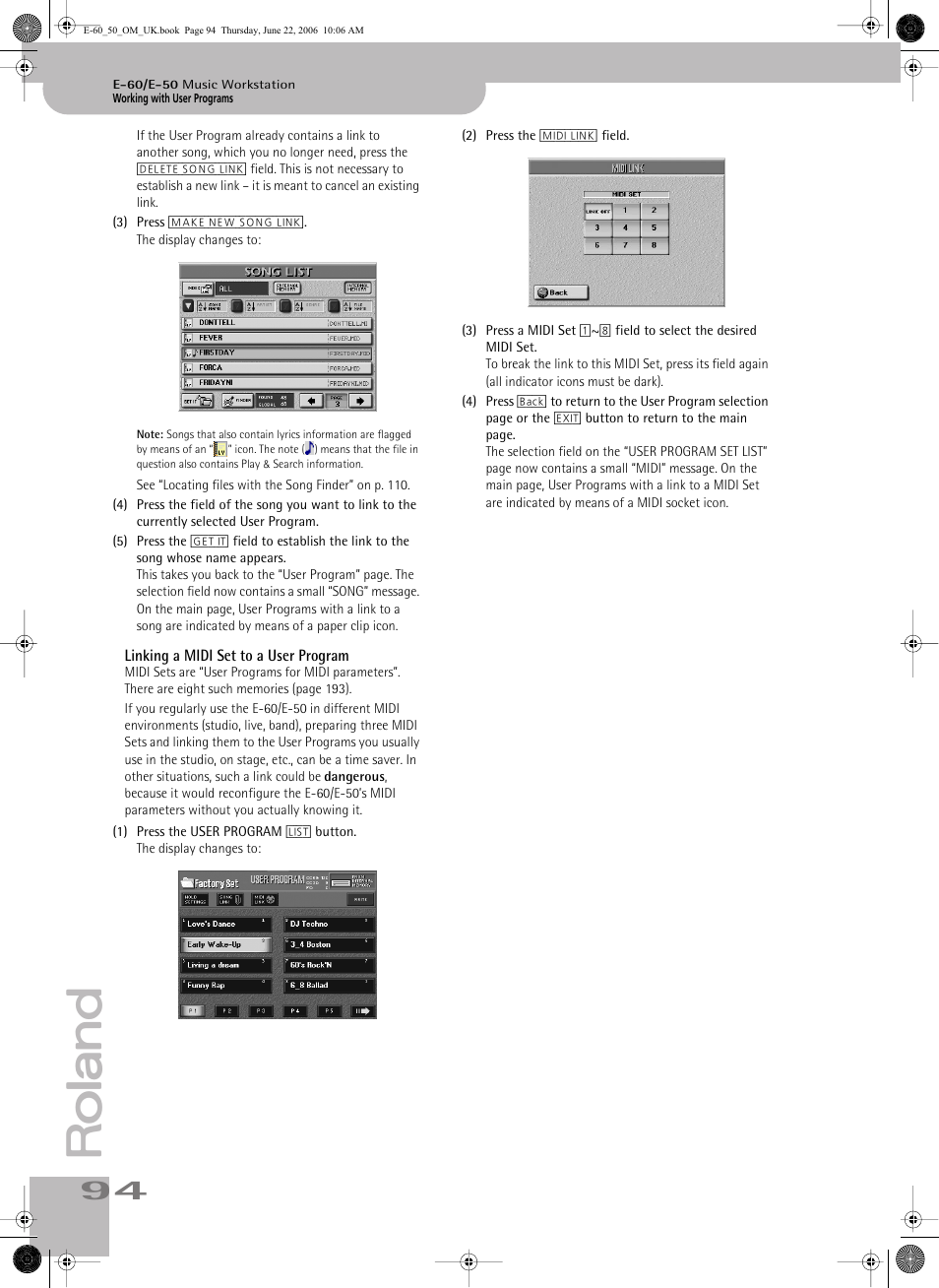 Linking a midi set to a user program | Roland E-60 User Manual | Page 94 / 220