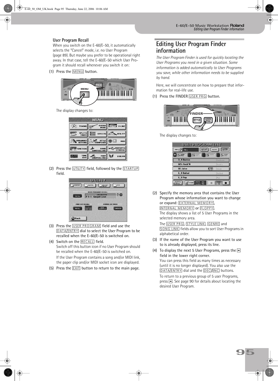 Editing user program finder information, User program recall, Editing user program finder information | Roland E-60 User Manual | Page 95 / 220