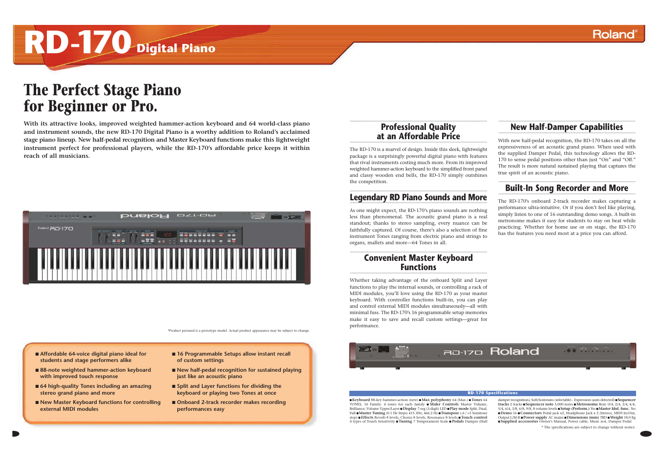 Rd-170, The perfect stage piano for beginner or pro, Digital piano | Professional quality at an affordable price, Legendary rd piano sounds and more, Convenient master keyboard functions, New half-damper capabilities, Built-in song recorder and more | Roland -50 User Manual | Page 2 / 6