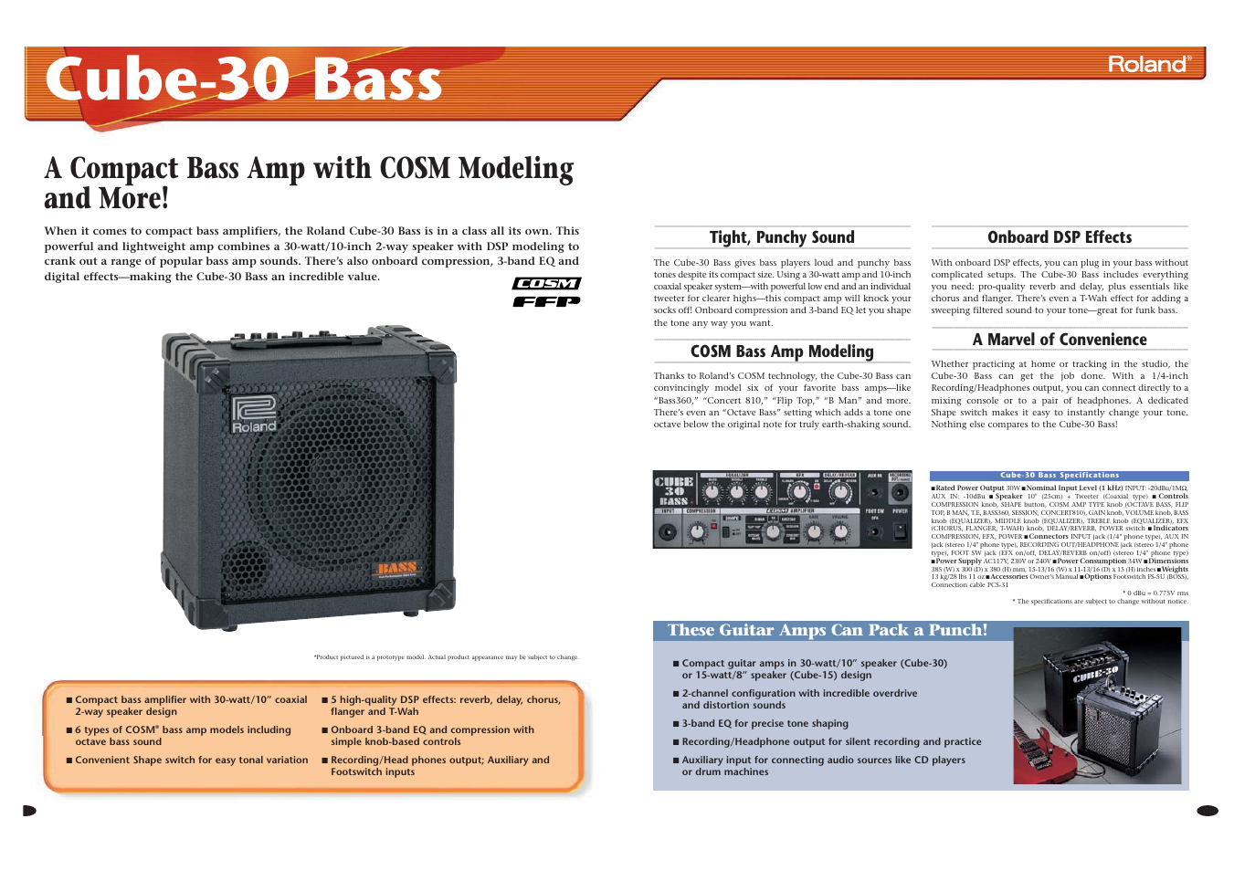 Cube-30 bass, A compact bass amp with cosm modeling and more, Tight, punchy sound | Cosm bass amp modeling, Onboard dsp effects, A marvel of convenience, These guitar amps can pack a punch | Roland -50 User Manual | Page 4 / 6