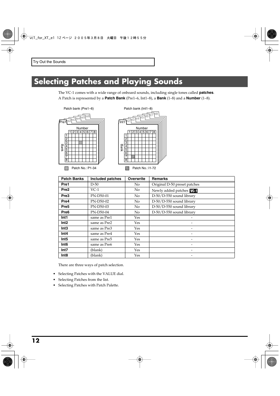 Selecting patches and playing sounds | Roland VC-1 D-50 User Manual | Page 12 / 100